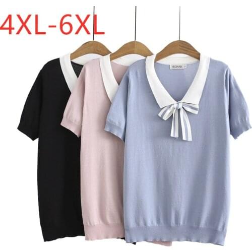New 2021 Ladies Summer Plus Size Knit Tops For Women Large Blouse Short Sleeve Slim Elastic Blue Pink Bow Shirt 4XL 5XL 6XL