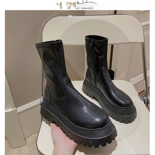 Ins Hot Fashion Crystal Strap Women Boots Winter Mid Calf Elastic Slip on Platform Boots Woman Thick Sole Faux Suede Botas Mujer