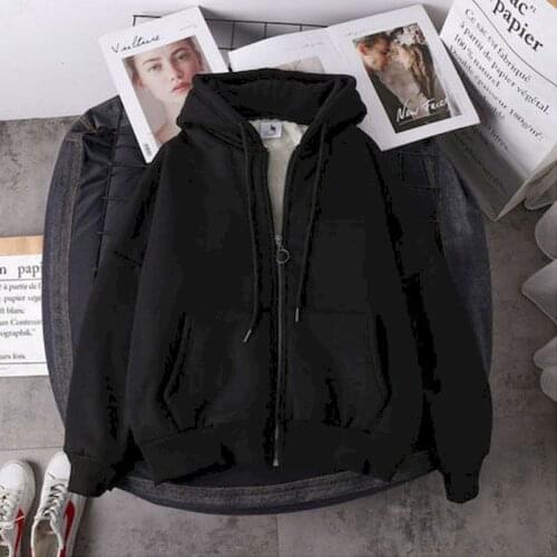 Womens Winter Tops Loosec Hoodie With Velvet Autumn New Oversized Zipper Jacket Leisure Sport Couple Clothes Solid Color Goth