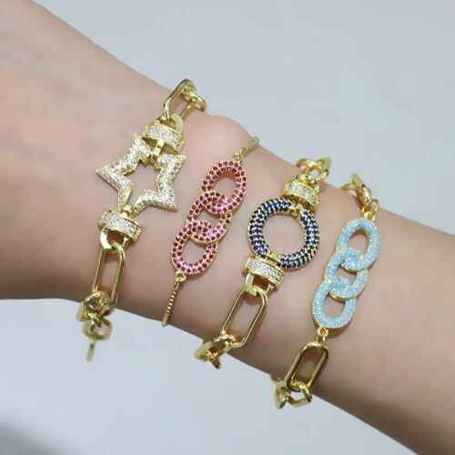 Geometric Cubic Zirconia Round Star Women Bracelets Gold Link Chain Street Punk Hip Hop Wrist Jewelry Birthday Party Gift