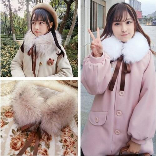 Womens winter cute school style fur collar warm Bib Bow tie Fur collar