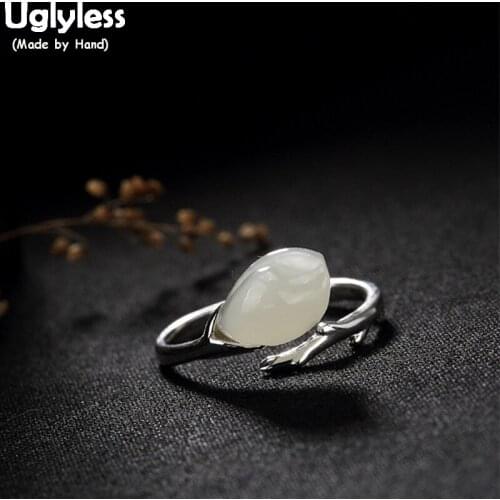 Uglyless Real 925 Sterling Silver Natural White Jade Magnolia Women Open Rings Elegant Floral Finger Ring Handmade Fine Jewelry