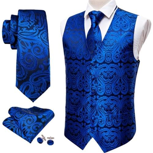 Royal Blue Mens V-neck Suit Vests Formal Paisley Waistcoat Necktie Cufflinks Handkerchief Set Silk Vests Barry.Wang SJ-2024