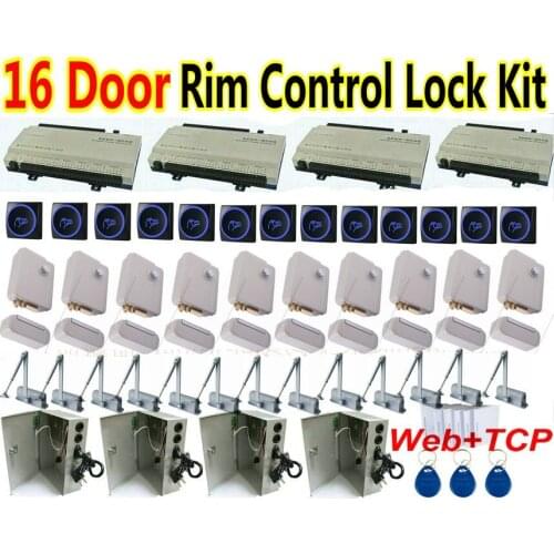 16 Door Rim Controller Lock Kit with Door Closer +UPS Power+16 pcs New RFID Card Reader+Door Rim Lock+Network Web access control