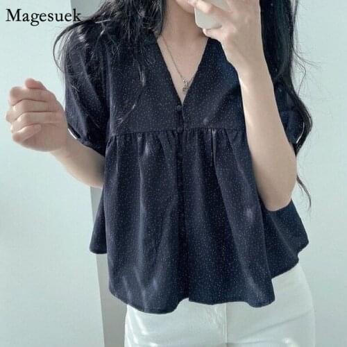 Summer New V-neck Bubble Sleeve Shirt Women Dot Loose Pleated Button White Blouses Woman Casual Korean Office Lady Tops 15673