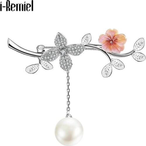 Ladies Flower Brooches for Women Pins Rhinestone Jewelry Luxury Pearl Pendent Cherry Blossom Branches Copper Ethnic Accessories