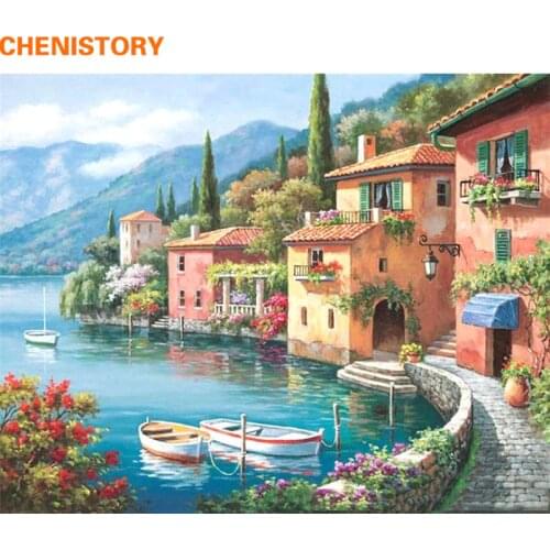 CHENISTORY Lakeside Villa Building Landscape DIY Painting By Numbers Kits Coloring Painting By Numbers With Wood Frame Artwork