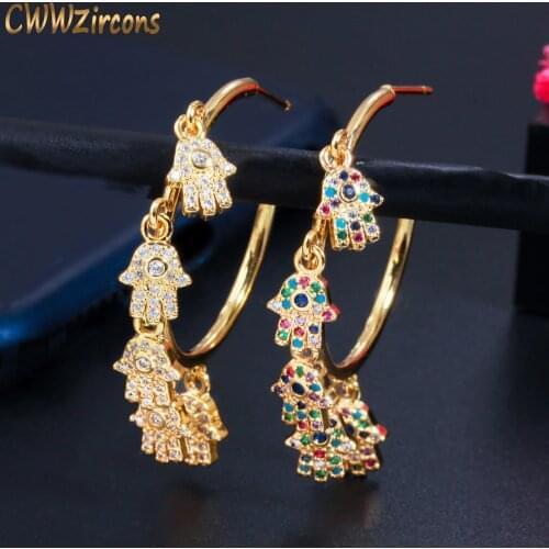 CWWZircons Multicolor Turkish Cubic Zirconia Crystal Lucky Fatima Hamsa Hand Charms Round Hoop Earrings for Women Jewelry CZ826