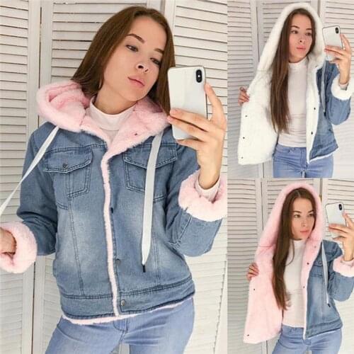 Denim Coat Loose Fleece Lambswool Hooded Jacket Cotton Overcoat Women Fashion Light Blue New Style Casual Women Thick Coat Warm