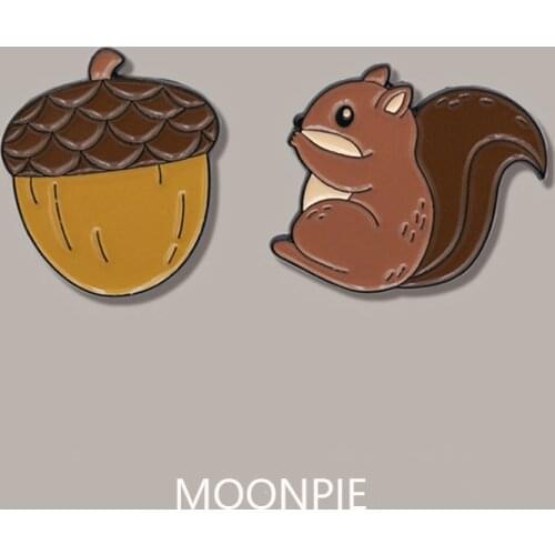 Cartoon Cute Animal Enamel Pins Squirrel Pine Cone Brooch Alloy Badge Sweet Accessories Woman Jewelry Gift