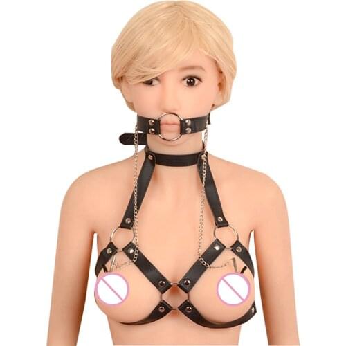 Sex PU Leather Bra SM Bondage Role Play Nipple Clamps Mouth Gag Body Harness Breast Clips Restraints adult sex Toys For Women
