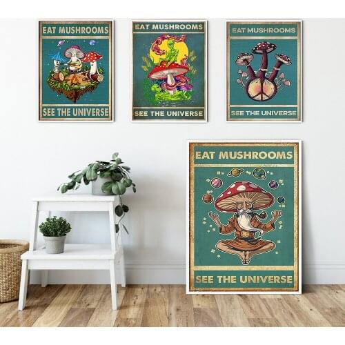 Eat Mushrooms See The Universe Poster Retro Trippy Hippie Wall Art Print Canvas Mushroom Wizard Alien Picture Bedroom Home Decor