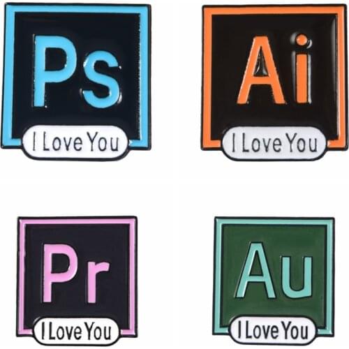 Classic Software Icon Lapel Pins Ps Ai Pr Au "I Love You" Badges Brooches Bag Accessories Pins Fashion Jewelry Gifts for Friends