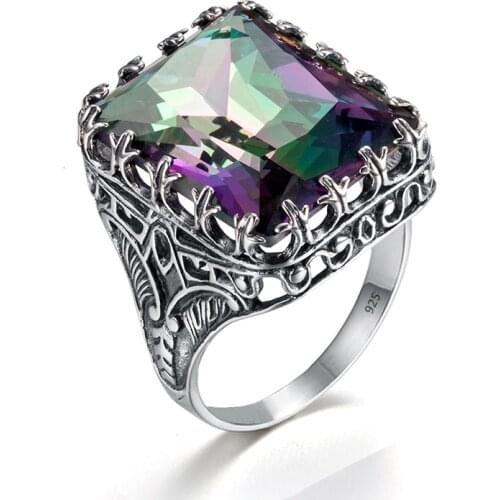 Silver Rings For Women Real 925 Sterling Silver Sparkling Rainbow Mystic Topaz Ring Gemstone Rectangle Luxury Fine Jewelry New