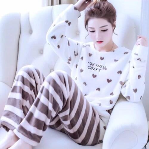 Cute Girls Warm Flannel Sleepwear 2021 Suits Loose Sweet Casual Pajamas Sets Homewear Brief Winter Autumn Nightwear