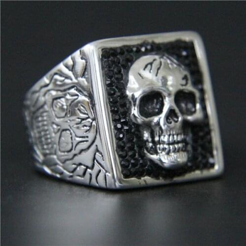 New Fashion Hot Motorcycles Crack Skull Mens Ring 316L Stainless Steel Ring Cool Party Fashion Biker Stone Skeleton Ring
