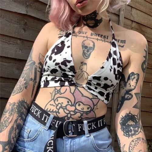 Sexy Women Summer Crop Tops Milk Cow Print V-Neck Sleeveless Sling Vest with Metal Ring for Girls Black White Streetwear Camis