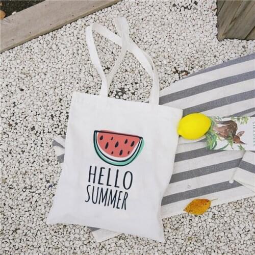 New Womens Casual Canvas Cloth Bag Hello Summer Watermelon Printing Shopping Bag Lady Handbag Reusable Large Capacity Tote
