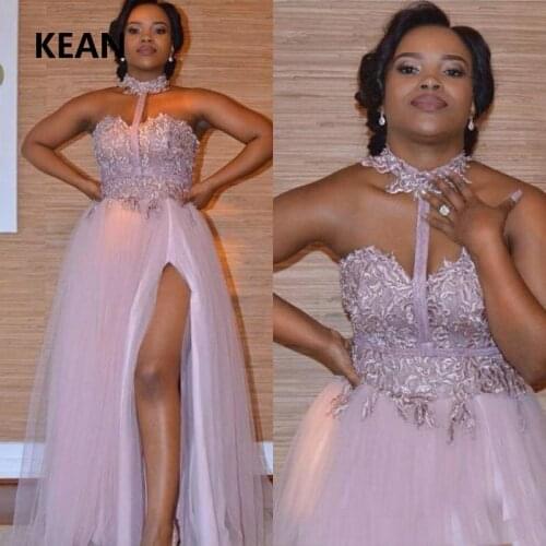 Pink Evening Dress Tulle Applique Slit Illusion vestido de festa Islamic Dubai Kaftan Saudi Arabic Evening Gown Prom Dress