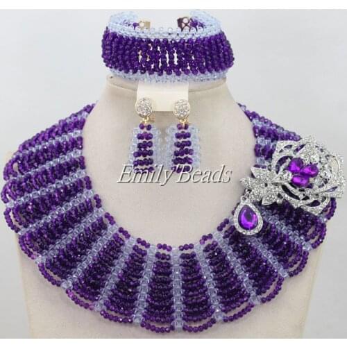 Lilac Purple Crystal Beads Bridal Jewelry Set Statement Necklace Nigerian Wedding African Beads Jewelry Set Free Shipping AIJ296