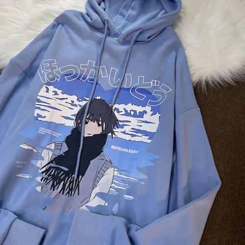 Sky Blue Japan Kanji Anime Hoodie Sweatshirt Women Kawaii Clothes for Teens 2021 Autumn New Harajuku Casual Pullovers Streetwear