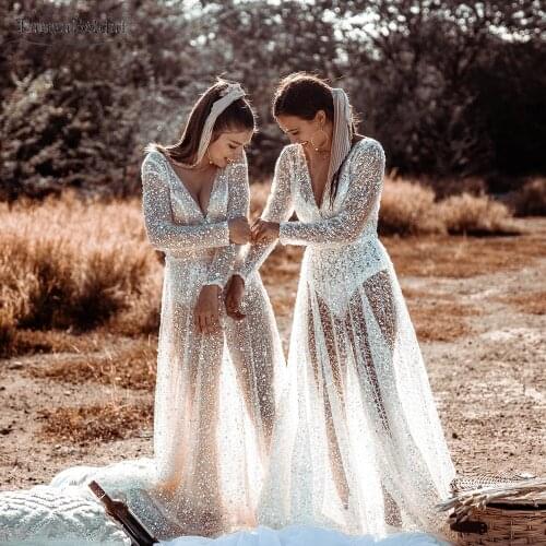 Gorgeous Beads Wedding Dresses Long Sleeve See through V-Neck Backless Bridal Gowns A Line Vestido De Noivas DW491