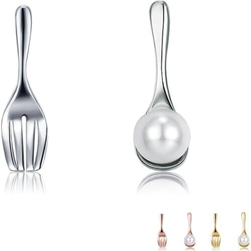 ZEMIOR 925 Sterling Silver For Women Fork & Spoon Asymmetry Shell Pearl Earrings Gold Color Tiny Stud Earring Fine Jewelry