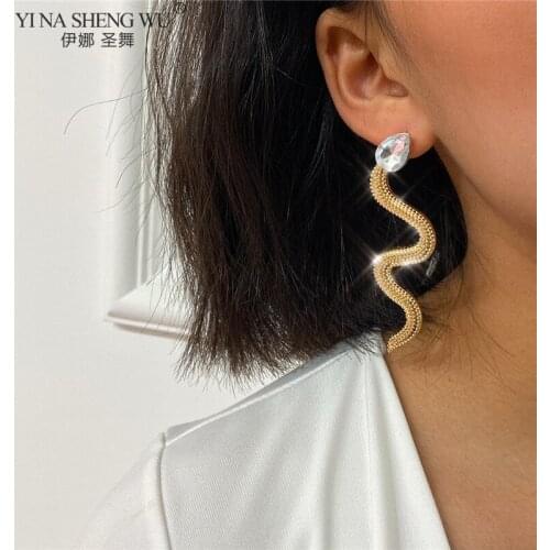 Long Serpentine Snake Stud Earrings for Women Trendy Rhinestone Crystal Snake Earrings Chains Earrings Jewelry Accessories Gift