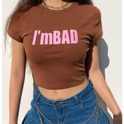 Women Fashion Crop Tops Short Sleeve T shirts Letter Print Short Tees O-Neck Brown Color y2k tops street wear clothing women