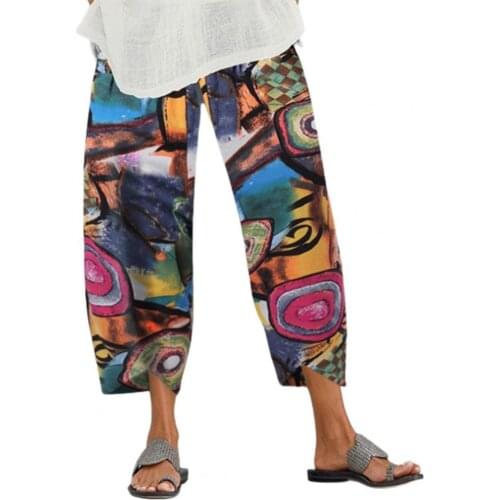 Women Casual Pants Loose Irregular Hem Polyester Printed Female Pants Elastic High Waist Plus Size Jogger Women Trousers