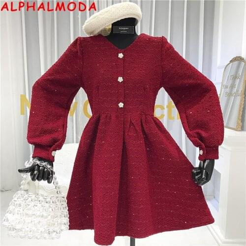 ALPHALMODA Festival Sparkling Dress V-neck High Waist Women Long-sleeved Fairy Dress Crystal Button Classical Black Red Dress