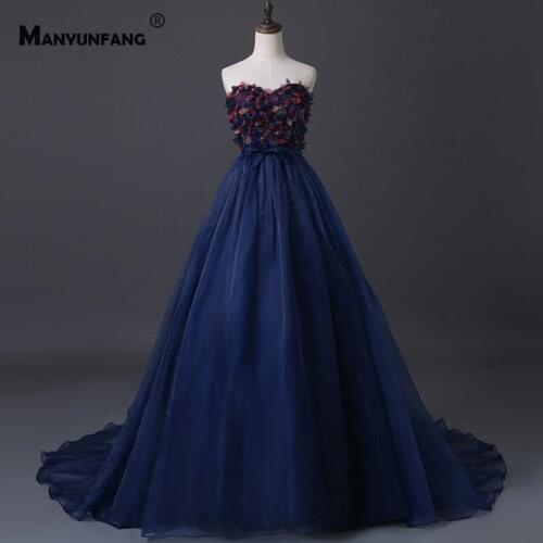 2021 New Arrival Strapless 3D Flowers Court Train Bridal Ball Gown Real Photo Sleeveless Lace Up Back Wedding Dress for Women
