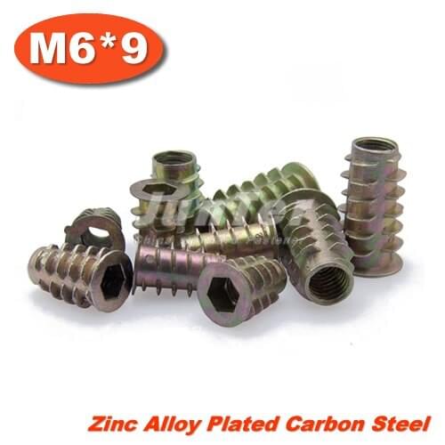 100pcs/lot M6*9 Zinc Alloy Furniture Hex Drive Head Nut Threaded For Wood Insert