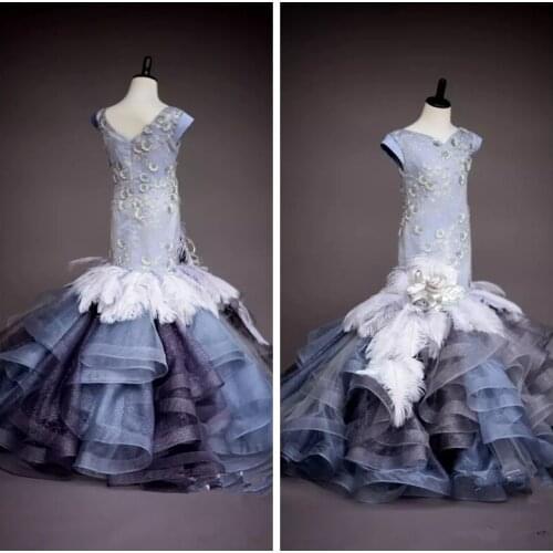 2019 Short Sleeves Lace Slim Mermaid Flower Girls Dresses Pageant Party Gowns Flowers Appliques Tulle Tiered Long Prom Gowns