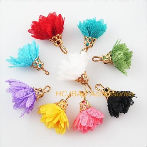 25 New Cloth Flower Charms Mixed Pendants Gold Color Endcaps For DIY 16x17mm