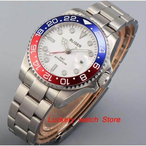 40mm Bliger white dial luminous saphire glass;red and blue Bezel GMT Automatic movement mens watch-BA07