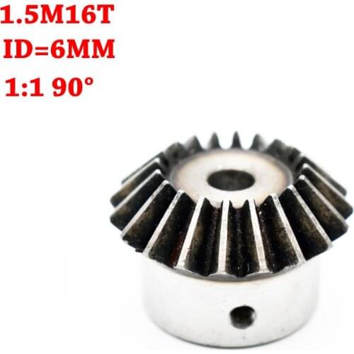 6mm 1:1 Bevel Gear 1.5 Modulus 16 Teeth With Inner Hole 6mm 90 Degree Drive Commutation Steel Gears Screw Hole M5