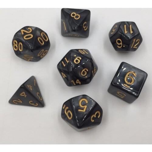7 pieces/set) Rollooo Dice Black with Golden Numbers Pearl Effect RPG Dice