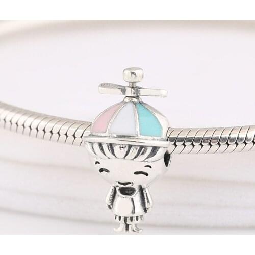 Authentic S925 Mixed Enamel Propeller Hat Boy Bead Charm fit Lady Bracelet Bangle DIY Jewelry