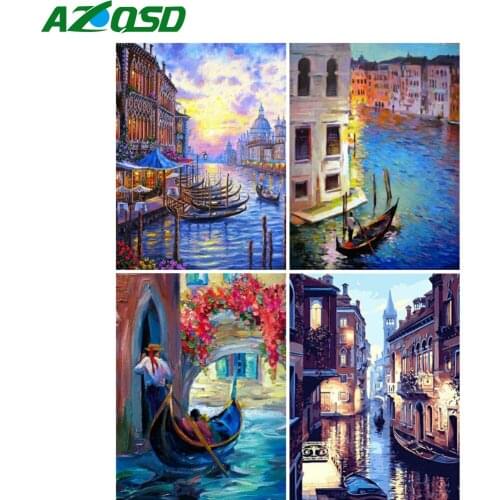 AZQSD Diamond Painting City Boat River Cross Stitch Rhinestones Diamond Embroidery Landscape Mosaic Handmade Decor For Home