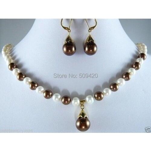 Free Shipping >>>>>New Jewelry white Pearl Chocolate Shell Pearl Necklace Earrings Set