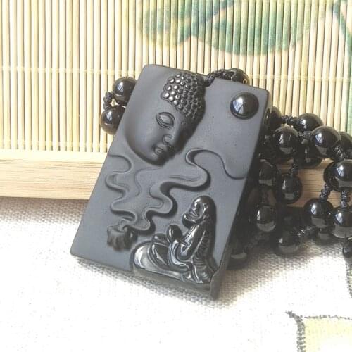 Natural Stone Black Obsidian Matte Polish Buddha Dharma Carved Pendant Necklace Beads Chain For Men Women Jewelry Drop Shipping