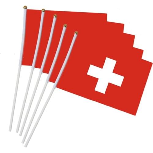 14x21cm 5pcs Swiss flag hand waving flags with Plastic Flagpoles NN019
