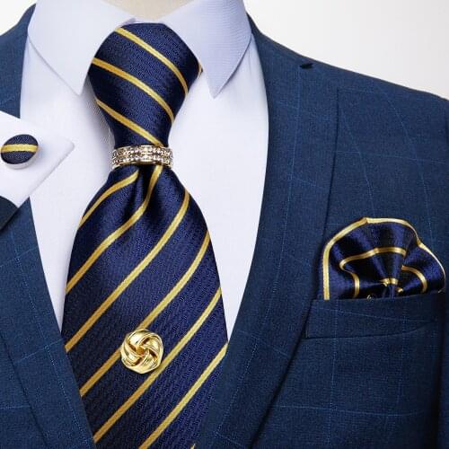 Luxury Gold Striped Navy Blue Mens Silk Tie 8cm Classic Necktie Hanky Cufflinks Set Business Wedding Tie Groom Cravata DiBanGu