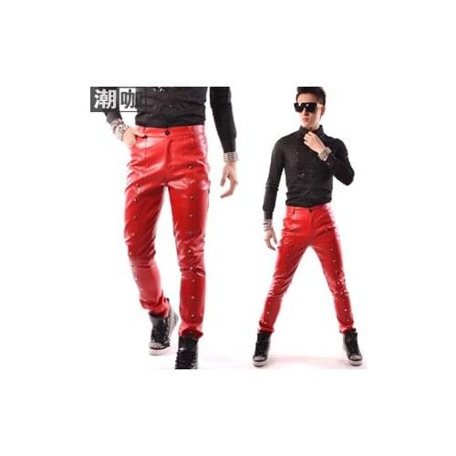 Hot ! Fashion Male Brand Stage Singer Red Rivet Decoration Leather Pants Trousers Casual Pants Mens Clothing Costume