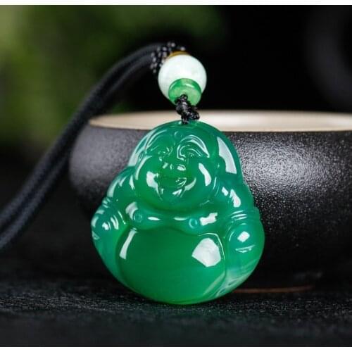China Natural Green Chalcedony Hand Carved Buddha Pendant Fashion Jewelry Mens and Womens Agate Buddha Necklace Gift
