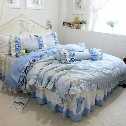 Top sweet ruffle bedding set plaid ruffle duvet cover bedding sun flower lace with bow bedspread elgant bed sheet for princess