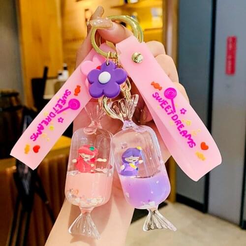 Candy Shape Glitter Quicksand Keyring Floating Liquid Flower Keychain Women Girl Bag Car Trinket Pendant Key Fob Gift