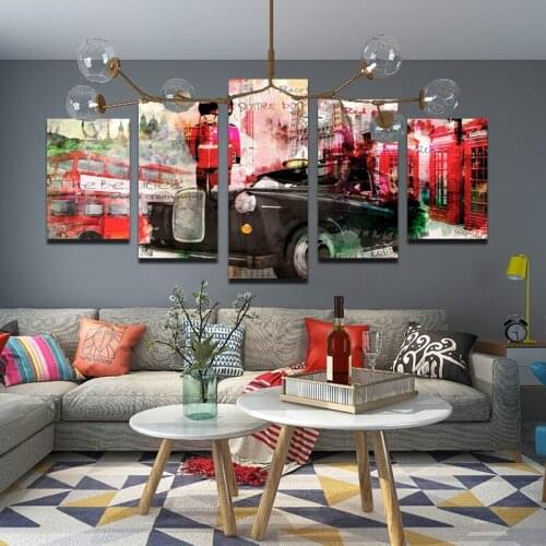 Red Phone Booth Bus Era Art Poster Hd Print Five-Piece Canvas Painting Living Room Home Decoration Frameless Wall Art Photo