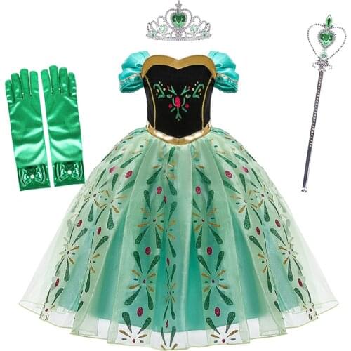 Girls Green Anna Dress Summer Children Snow Queen Party Princess Costume Kids Halloween Birthday Party Clothes for 3-10 Years